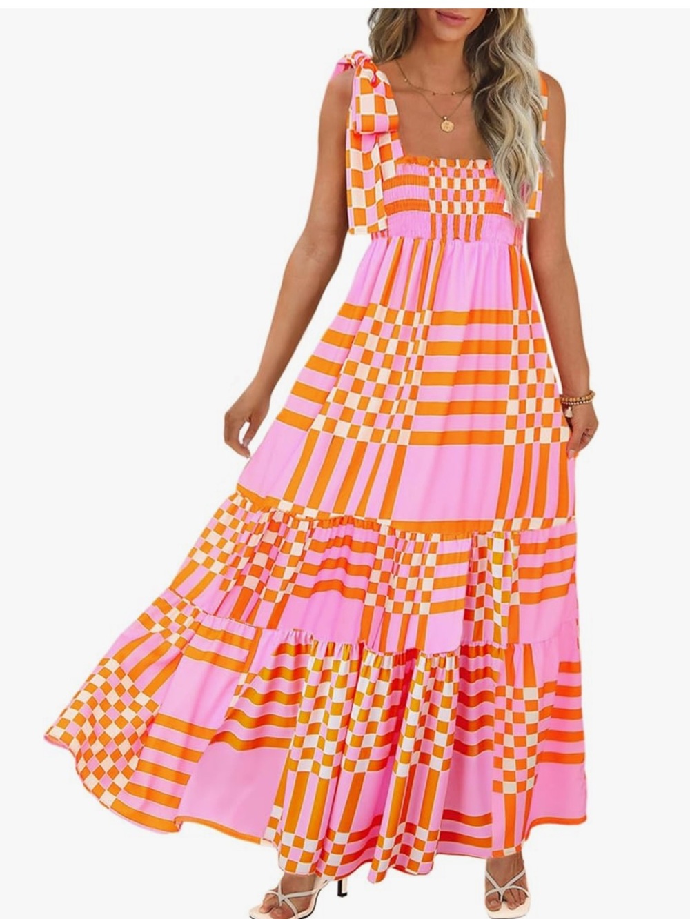 Women’s Pink and Orange Checkered Maxi Dress - Sleeveless Tie Straps - Medium